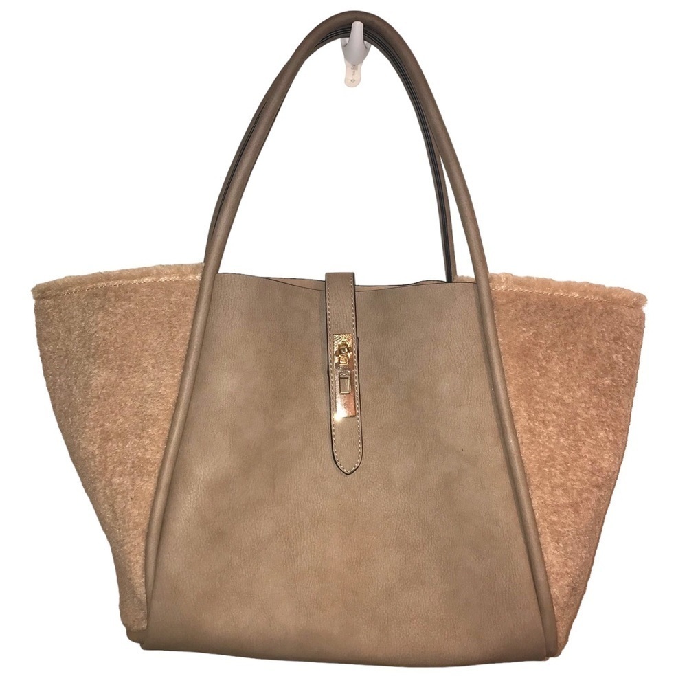 UN Billion's Lacy Vegan Leather Faux Sheep Shearling Fur Tote with Pouch
